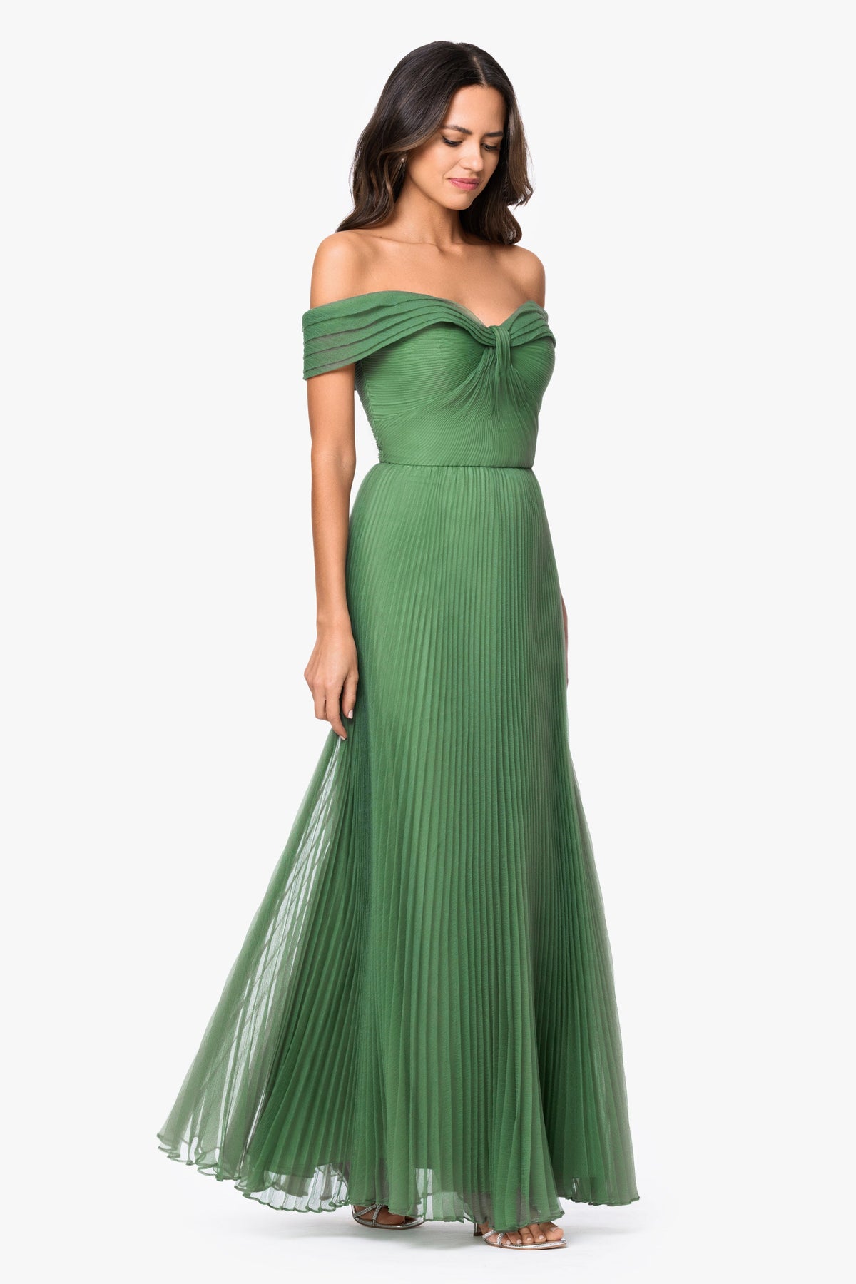 XSCAPE "Cora" Organza Pleated Off The Shoulder Dress
