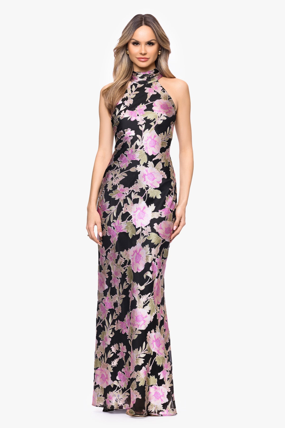 XSCAPE "Elliot" Burnout Chiffon Halter Tie Dress