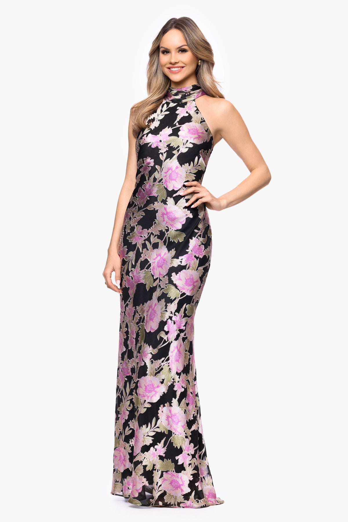 XSCAPE "Elliot" Burnout Chiffon Halter Tie Dress