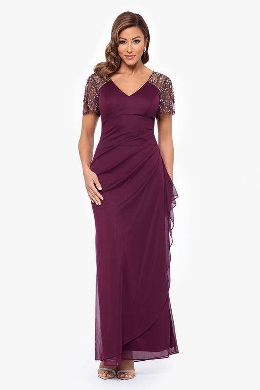 XSCAPE "Lana" Sheer Matte Jersey Beaded Flutter Sleeve Dress