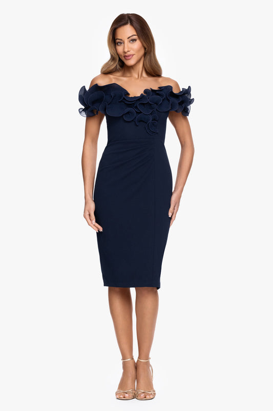 XSCAPE "Natalia" Scuba Crepe Off The Shoulder Ruffle Neck Midi Dress| Xscape Evenings