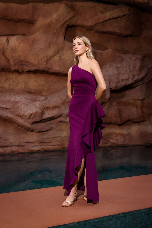 XSCAPE "Flo" Long Techno Scuba One Shoulder Ruffle Dress