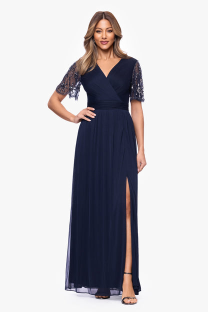 XSCAPE "Aurelia" Sheer Matte Jersey Mesh Beaded Sleeve Dress
