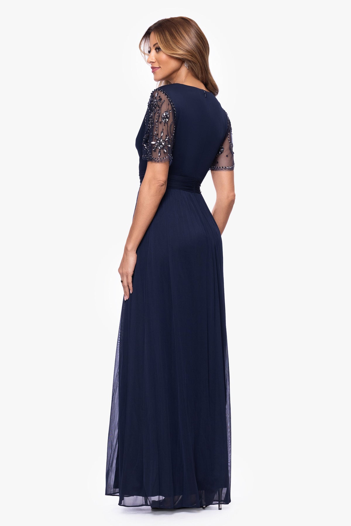 XSCAPE "Aurelia" Sheer Matte Jersey Mesh Beaded Sleeve Dress