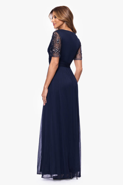 XSCAPE "Aurelia" Sheer Matte Jersey Mesh Beaded Sleeve Dress