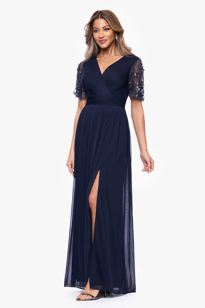 XSCAPE "Aurelia" Sheer Matte Jersey Mesh Beaded Sleeve Dress