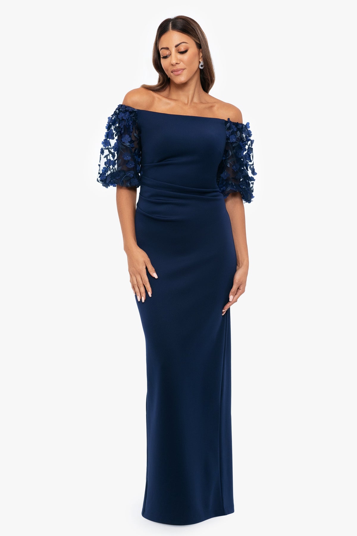 XSCAPE "Bernice" Techno Scuba 3D Floral Sleeve Dress