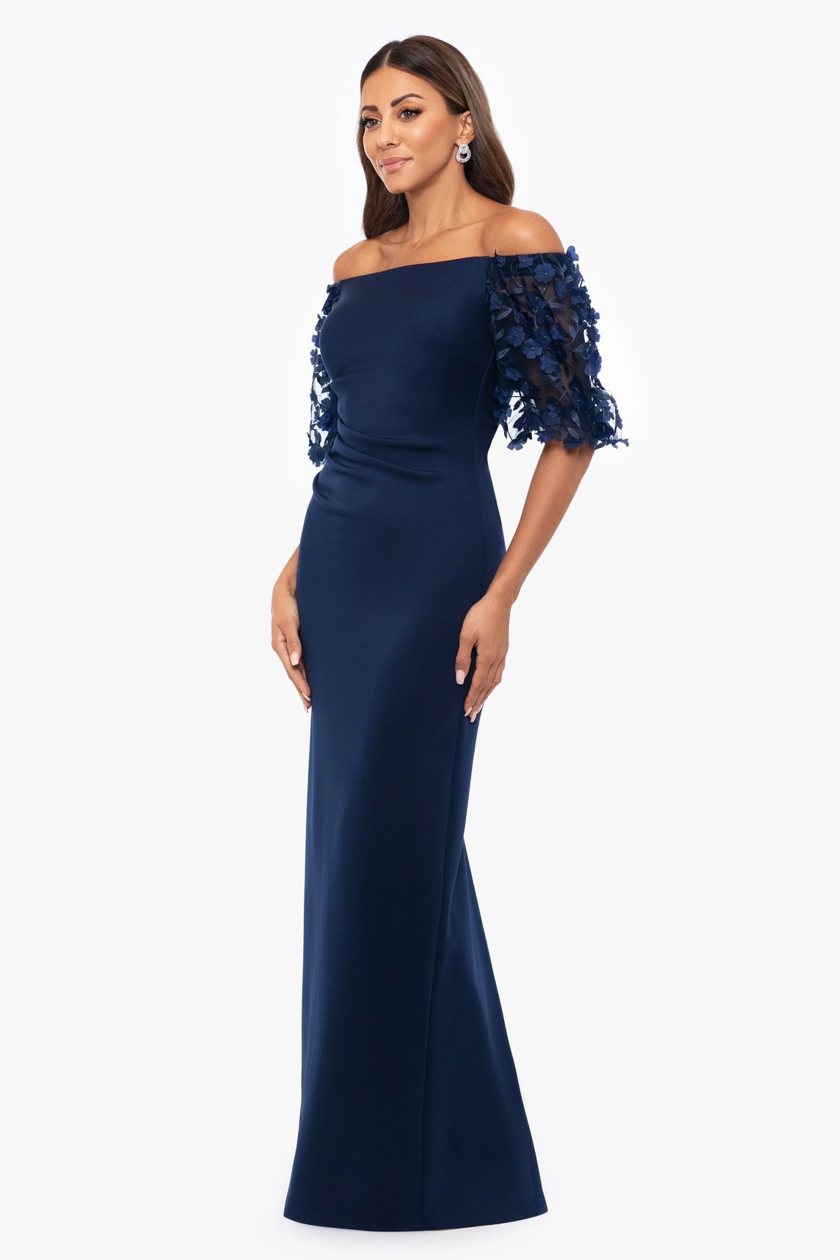 XSCAPE "Bernice" Techno Scuba 3D Floral Sleeve Dress