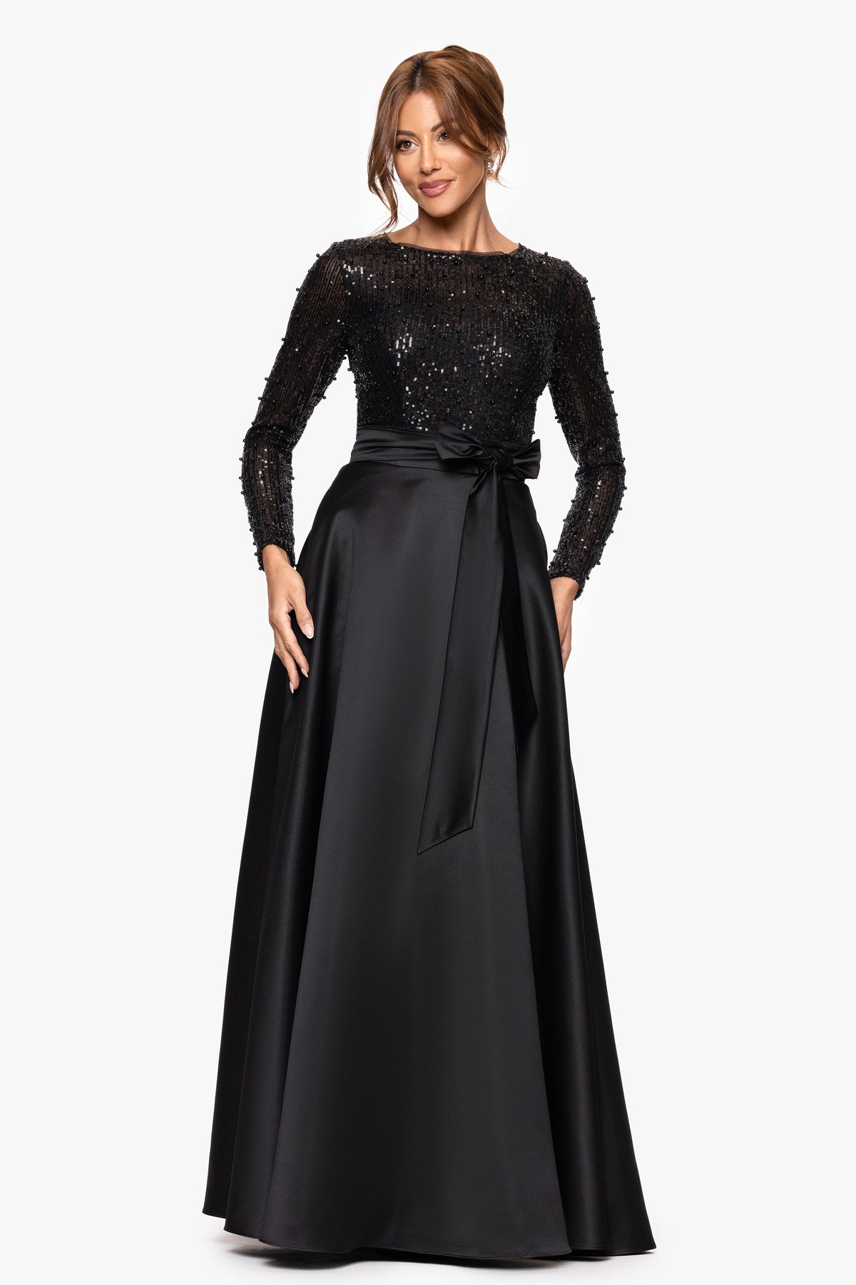 XSCAPE "Amanda" Satin Skirt and Sequin Bodice Long Sleeve Dress