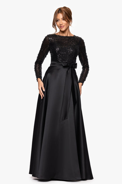 XSCAPE "Amanda" Satin Skirt and Sequin Bodice Long Sleeve Dress