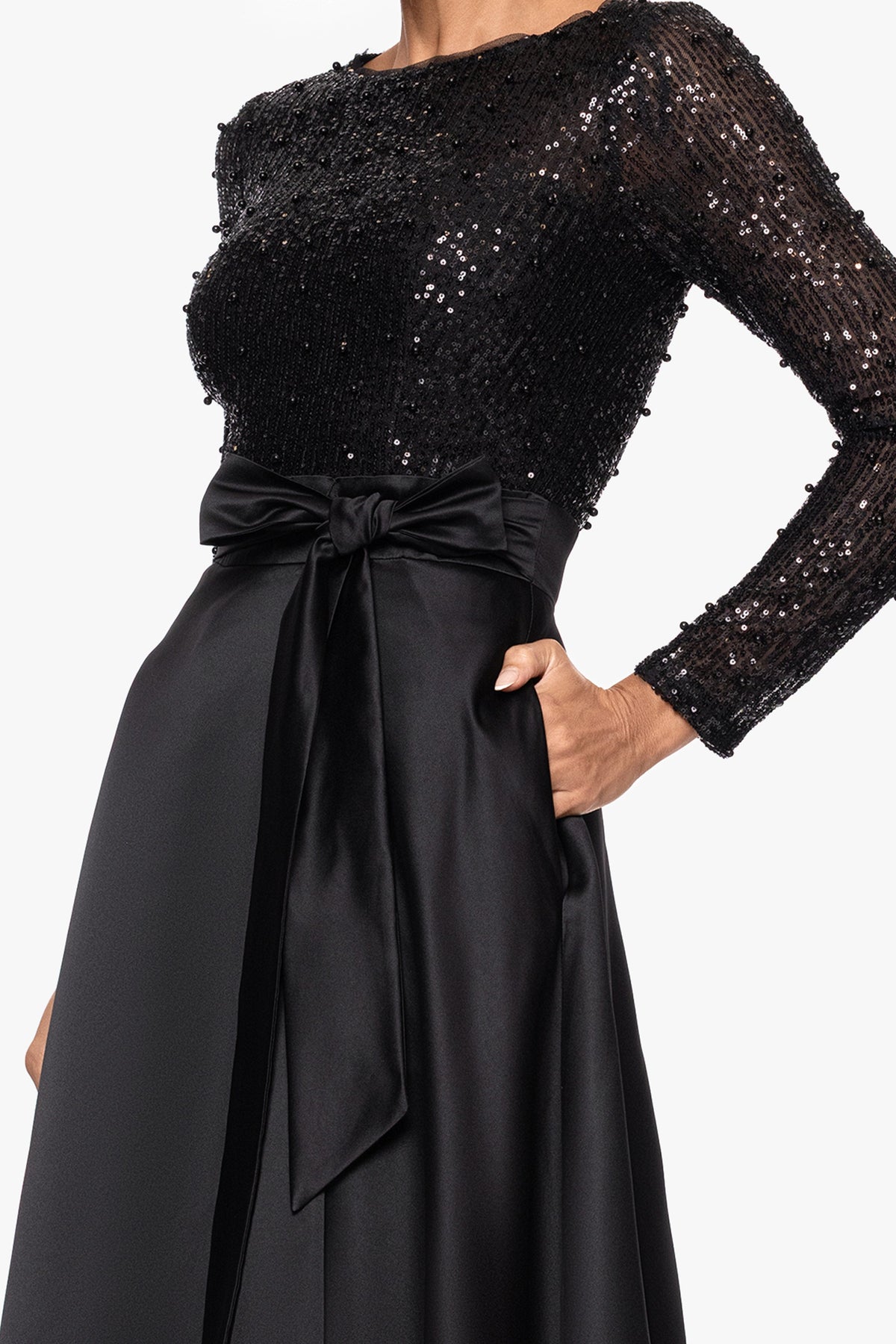 XSCAPE "Amanda" Satin Skirt and Sequin Bodice Long Sleeve Dress