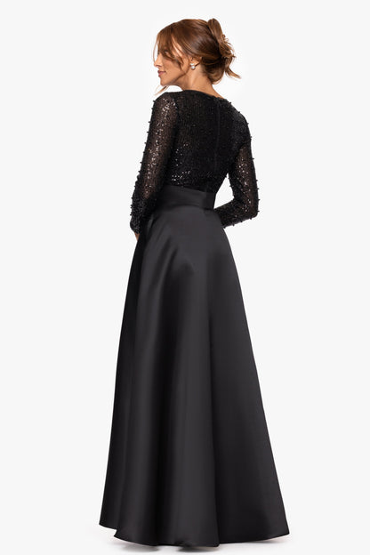 XSCAPE "Amanda" Satin Skirt and Sequin Bodice Long Sleeve Dress