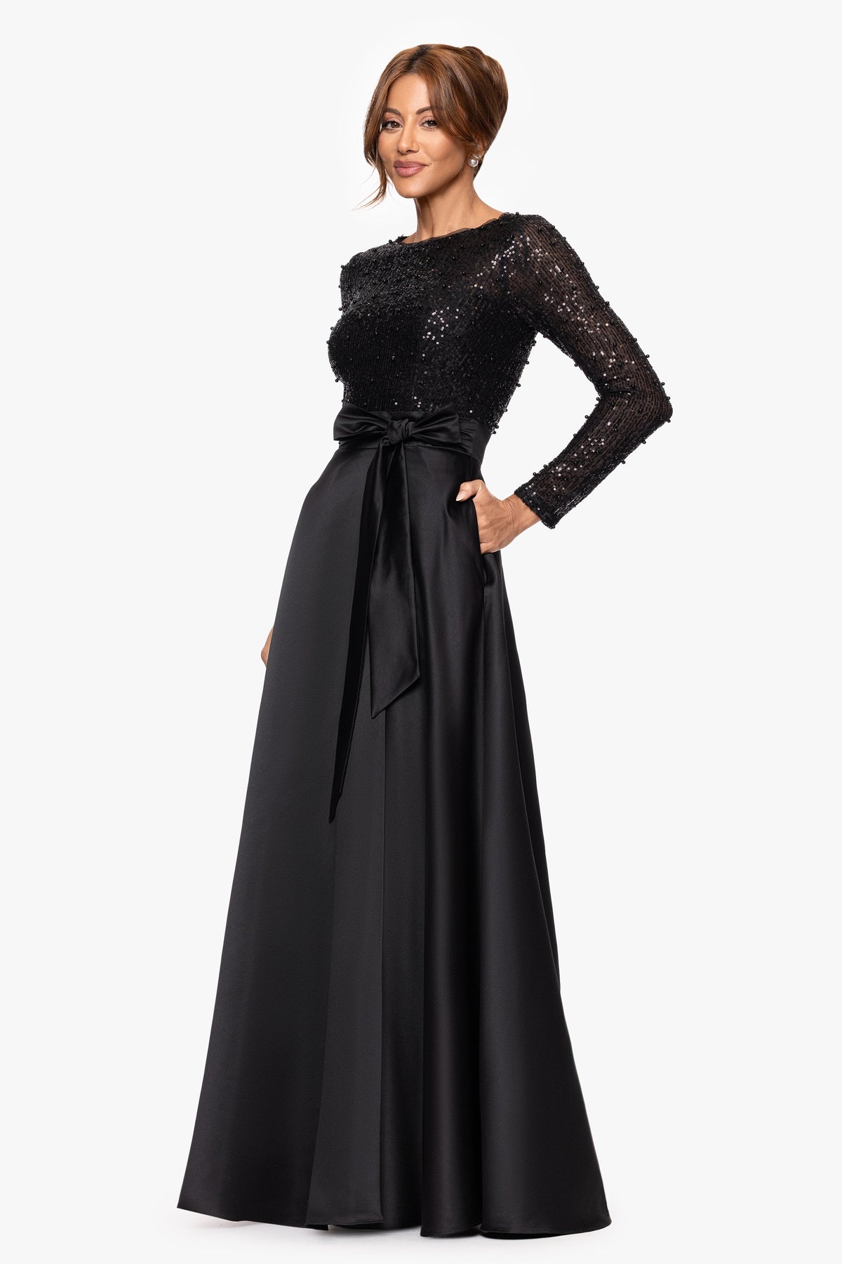 XSCAPE "Amanda" Satin Skirt and Sequin Bodice Long Sleeve Dress