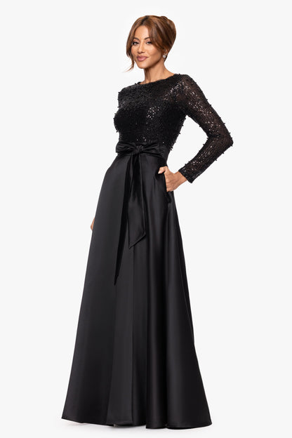 XSCAPE "Amanda" Satin Skirt and Sequin Bodice Long Sleeve Dress