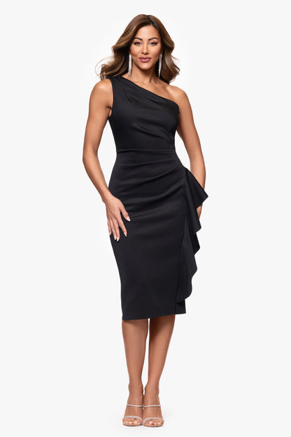 XSCAPE "Carrie" Techno Scuba One Shoulder Ruffle Dress