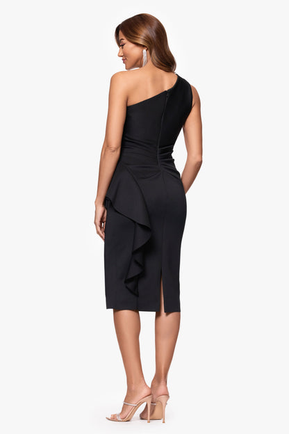 XSCAPE "Carrie" Techno Scuba One Shoulder Ruffle Dress