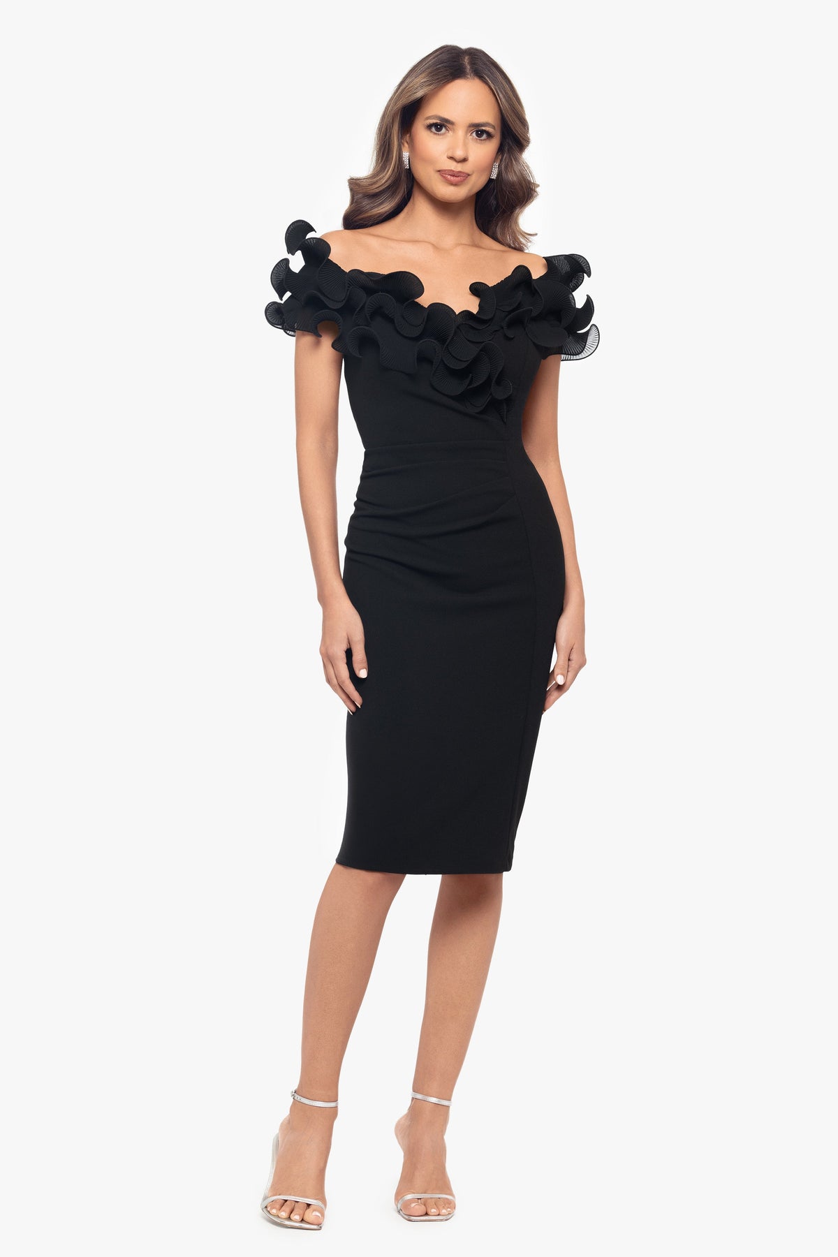 XSCAPE "Natalia" Scuba Crepe Off The Shoulder Ruffle Neck Midi Dress