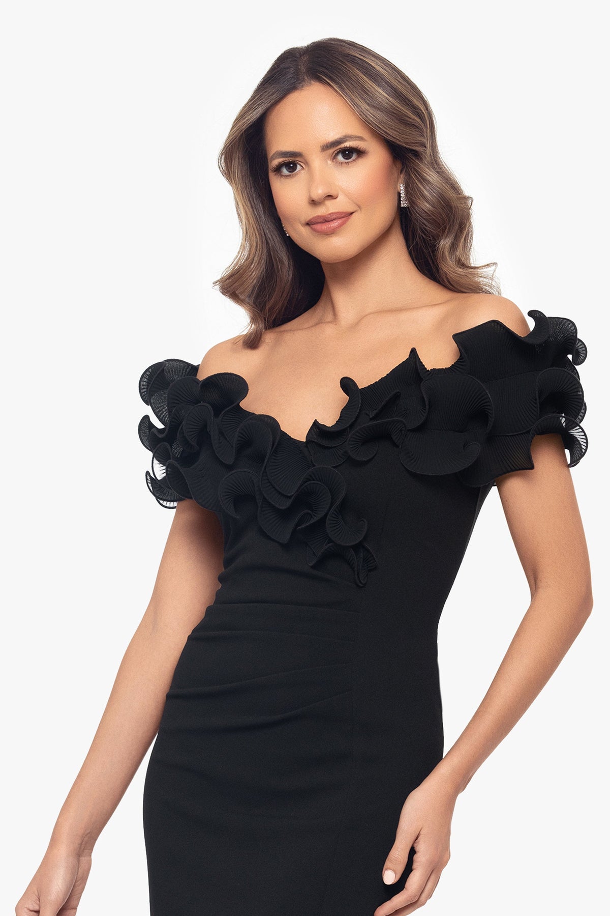 XSCAPE "Natalia" Scuba Crepe Off The Shoulder Ruffle Neck Midi Dress
