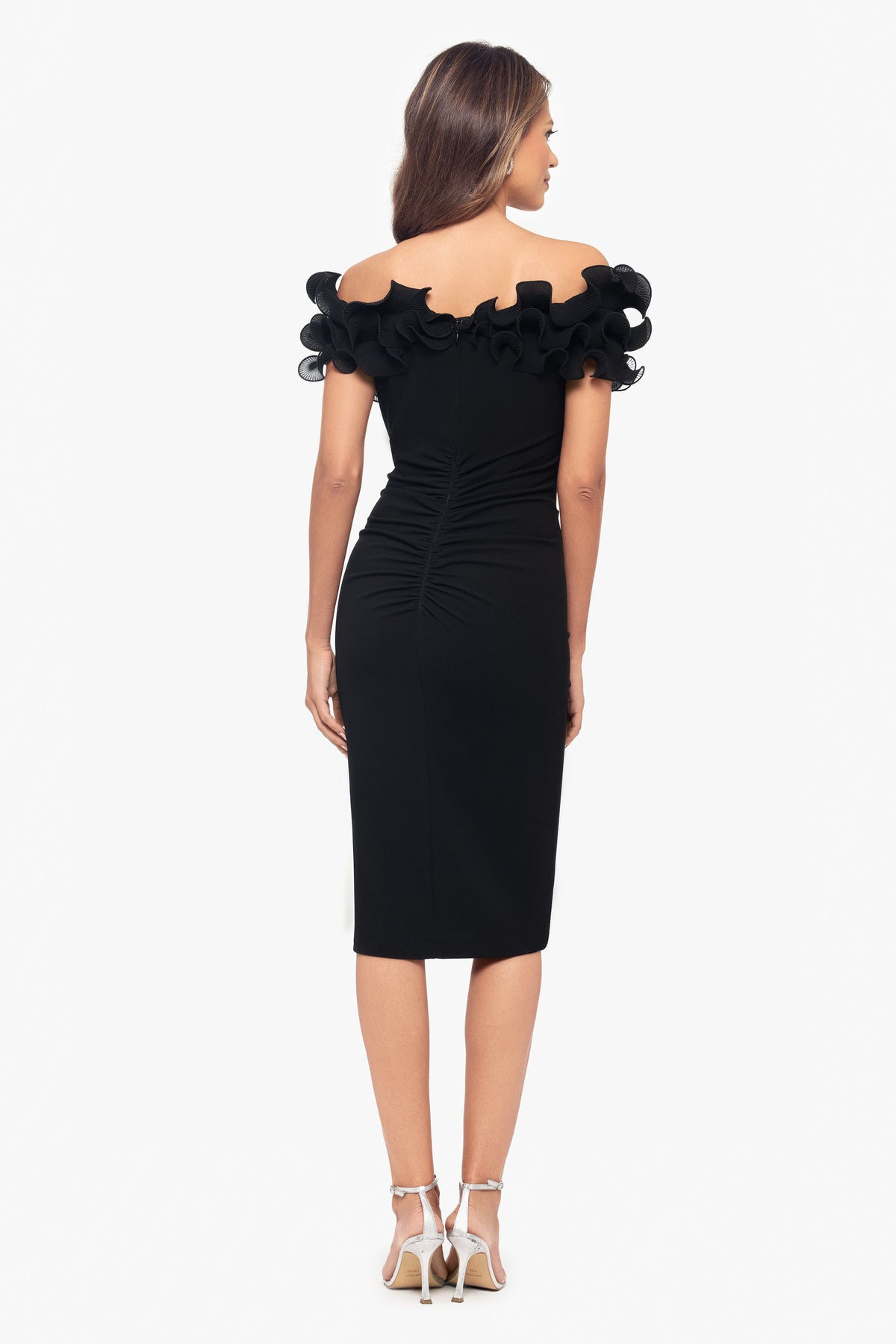 XSCAPE "Natalia" Scuba Crepe Off The Shoulder Ruffle Neck Midi Dress