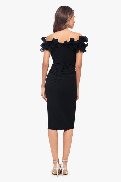 XSCAPE "Natalia" Scuba Crepe Off The Shoulder Ruffle Neck Midi Dress