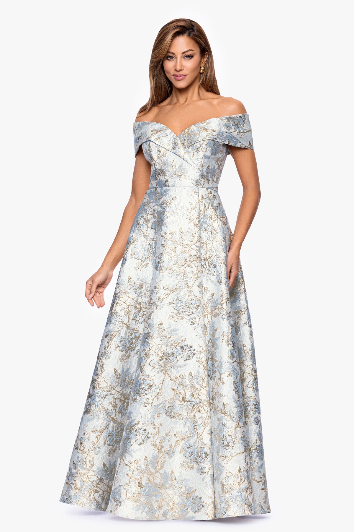 XSCAPE "Melissa" Brocade Off the Shoulder V-Neck Ballgown