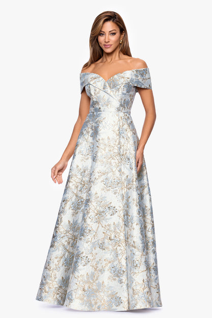 XSCAPE "Melissa" Brocade Off the Shoulder V-Neck Ballgown