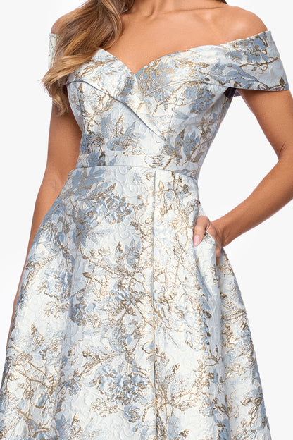 XSCAPE "Melissa" Brocade Off the Shoulder V-Neck Ballgown