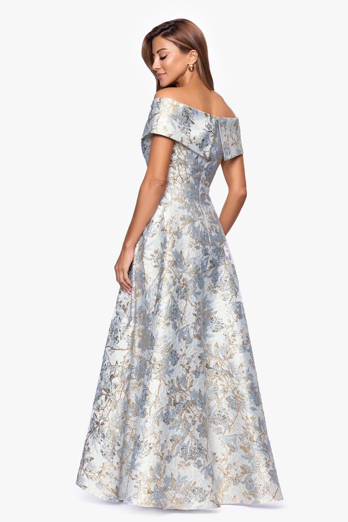 XSCAPE "Melissa" Brocade Off the Shoulder V-Neck Ballgown