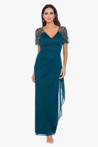 XSCAPE "Lana" Sheer Matte Jersey Beaded Flutter Sleeve Dress