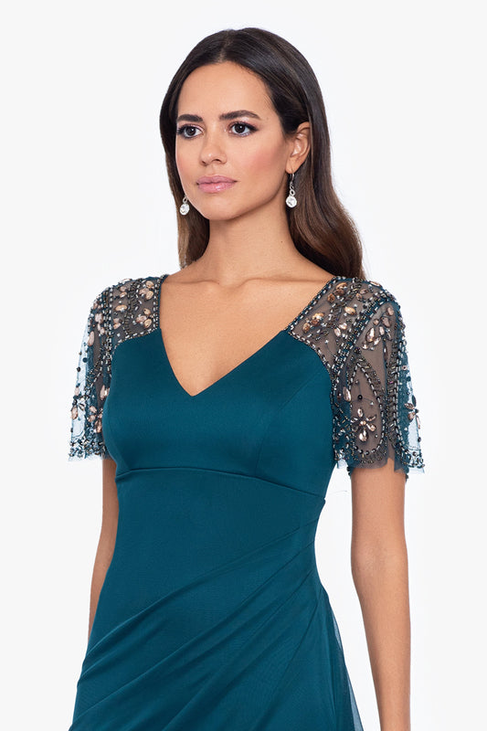 XSCAPE "Lana" Sheer Matte Jersey Beaded Flutter Sleeve Dress