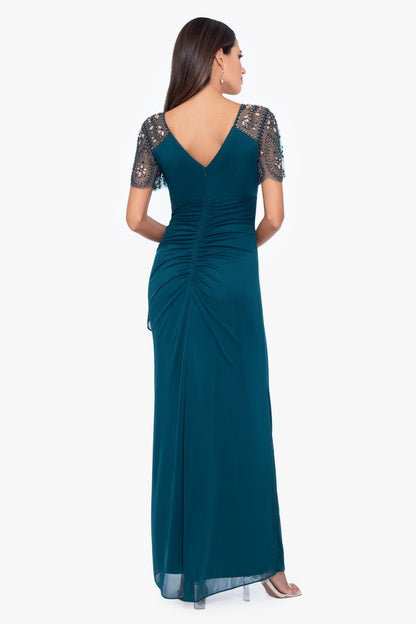 XSCAPE "Lana" Sheer Matte Jersey Beaded Flutter Sleeve Dress