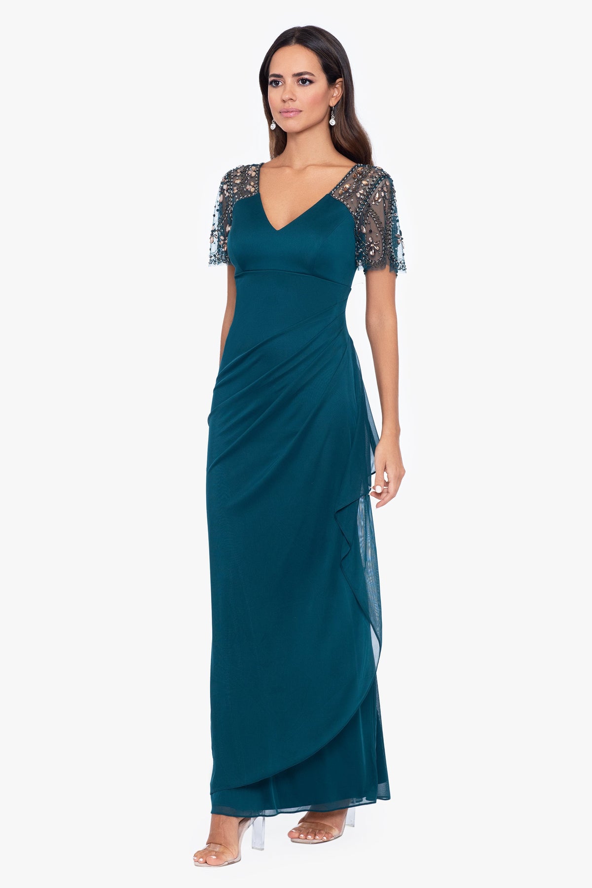 XSCAPE "Lana" Sheer Matte Jersey Beaded Flutter Sleeve Dress