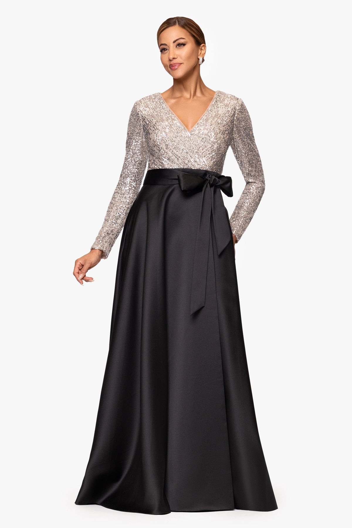 XSCAPE "Dixie" V-Neck Long Sleeve Sequin Top Waistband with Bow Gown