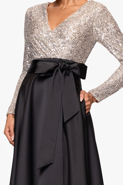 XSCAPE "Dixie" V-Neck Long Sleeve Sequin Top Waistband with Bow Gown