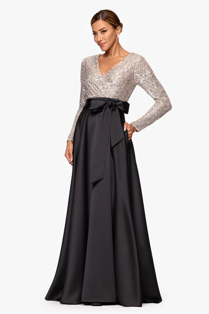 XSCAPE "Dixie" V-Neck Long Sleeve Sequin Top Waistband with Bow Gown