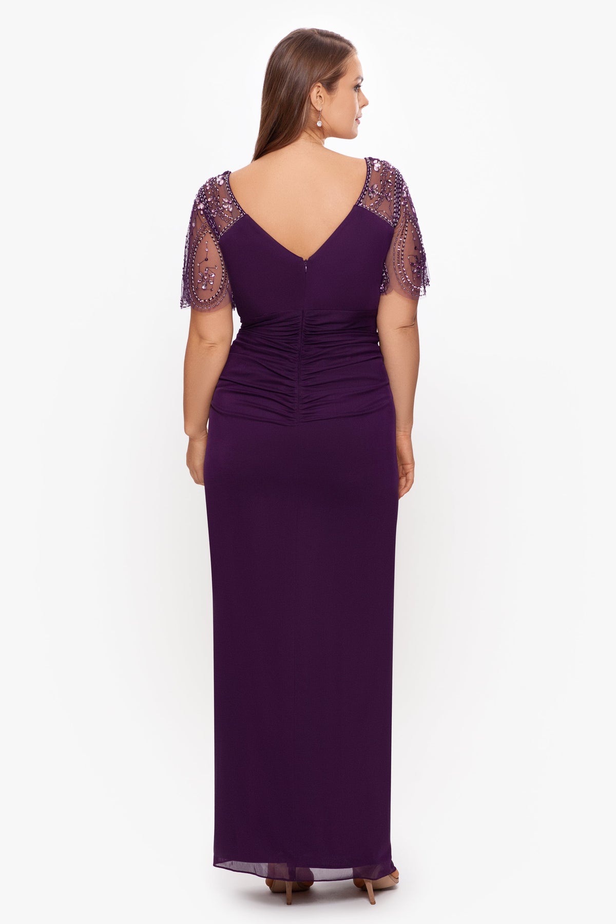 XSCAPE Plus "Lana" Sheer Matte Jersey Beaded Flutter Sleeve Dress