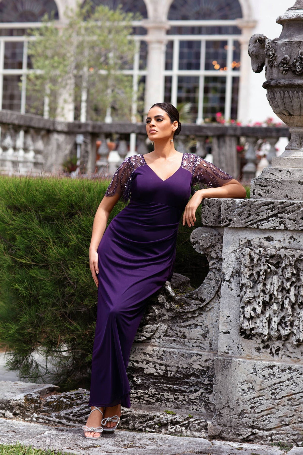 XSCAPE Plus "Lana" Sheer Matte Jersey Beaded Flutter Sleeve Dress