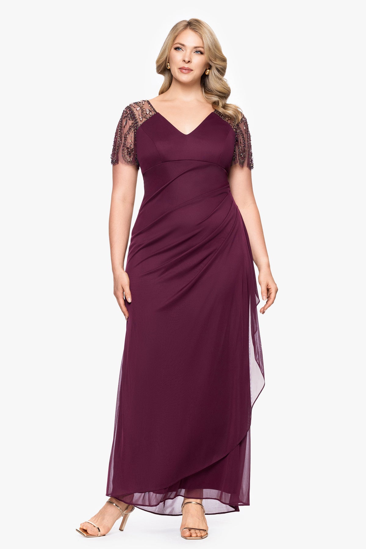 XSCAPE Plus "Lana" Sheer Matte Jersey Beaded Flutter Sleeve Dress