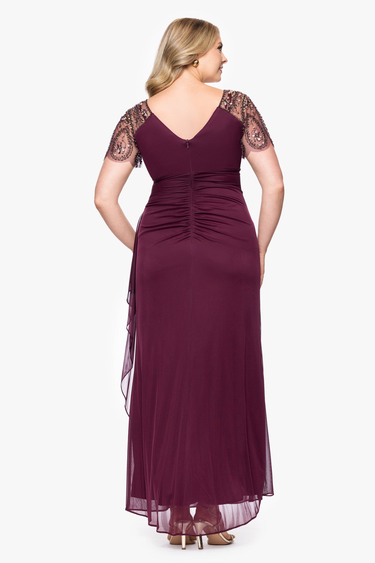 XSCAPE Plus "Lana" Sheer Matte Jersey Beaded Flutter Sleeve Dress