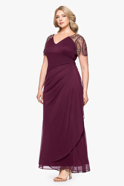 XSCAPE Plus "Lana" Sheer Matte Jersey Beaded Flutter Sleeve Dress