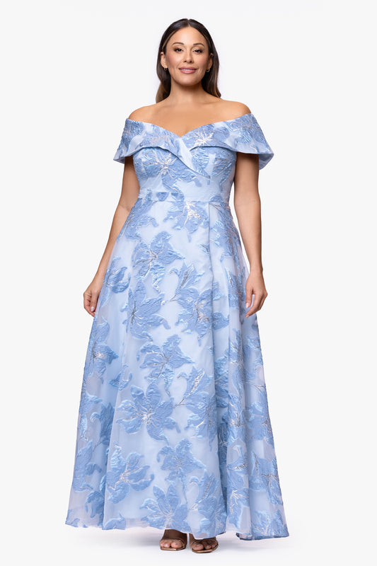 XSCAPE Plus "Alexi" Organza & Jacquard Off The Shoulder Dress