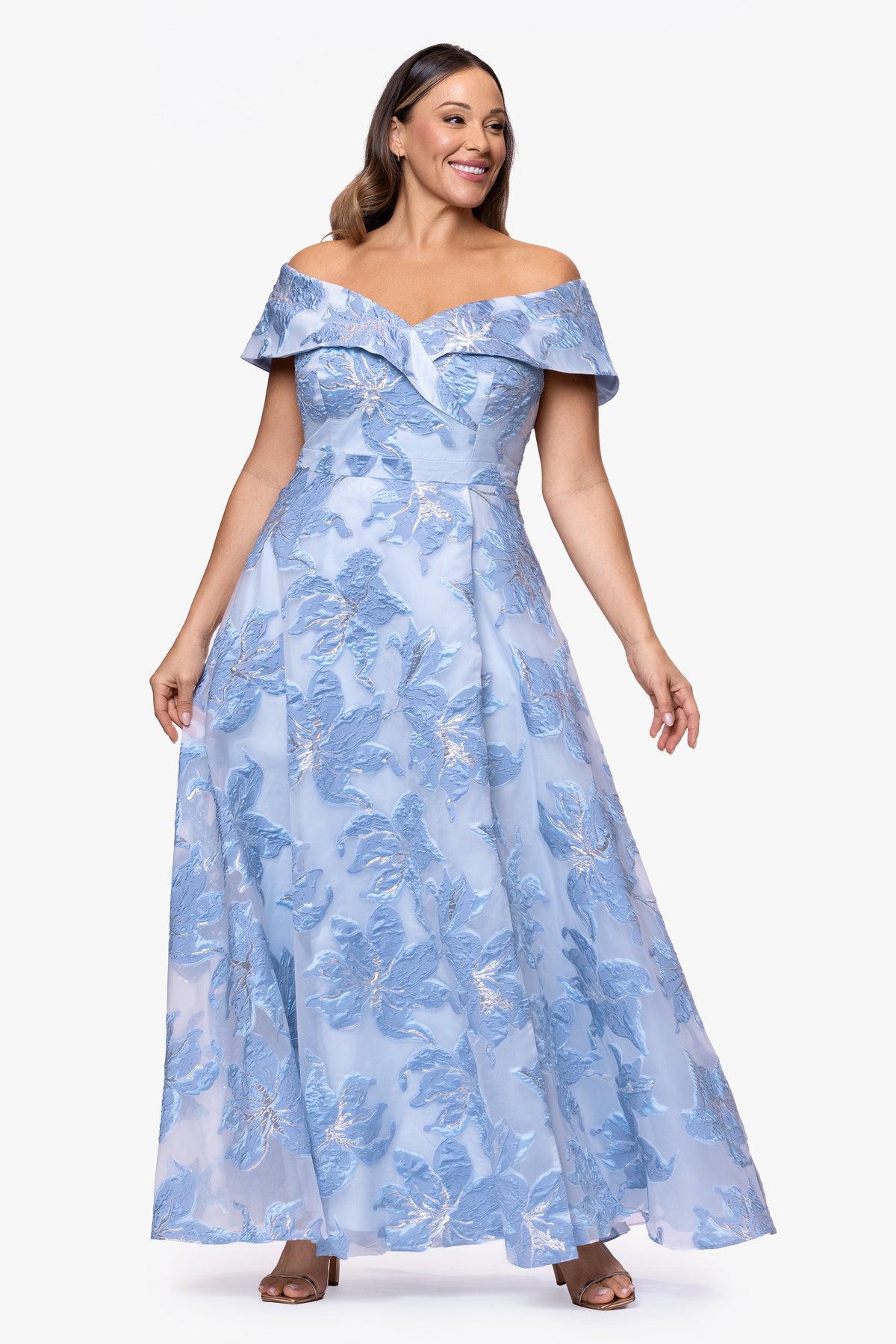 XSCAPE Plus "Alexi" Organza & Jacquard Off The Shoulder Dress