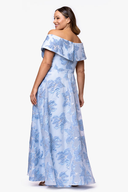 XSCAPE Plus "Alexi" Organza & Jacquard Off The Shoulder Dress