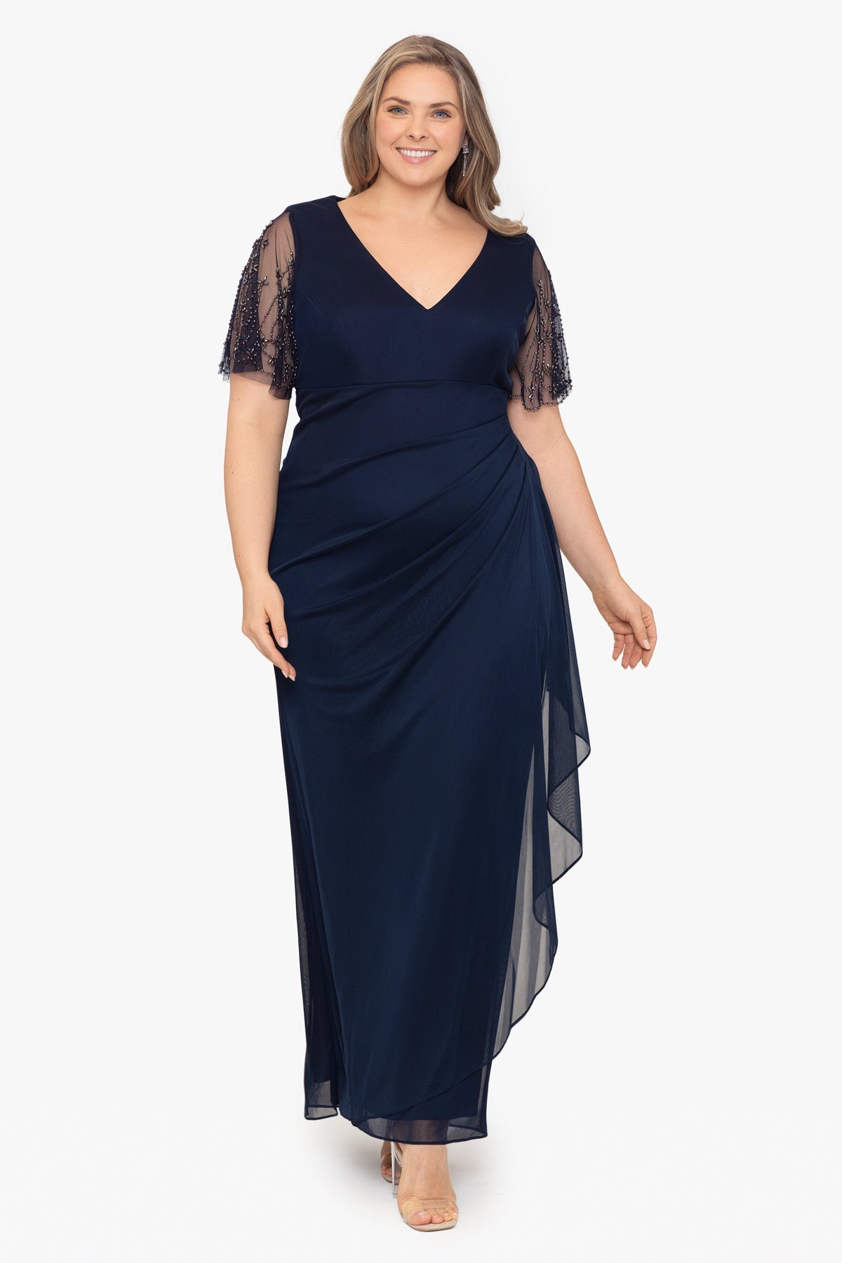 XSCAPE Plus "Janice" Jersey Embellished Sleeve Dress
