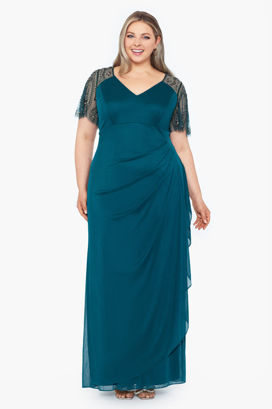 XSCAPE Plus "Lana" Sheer Matte Jersey Beaded Flutter Sleeve Dress