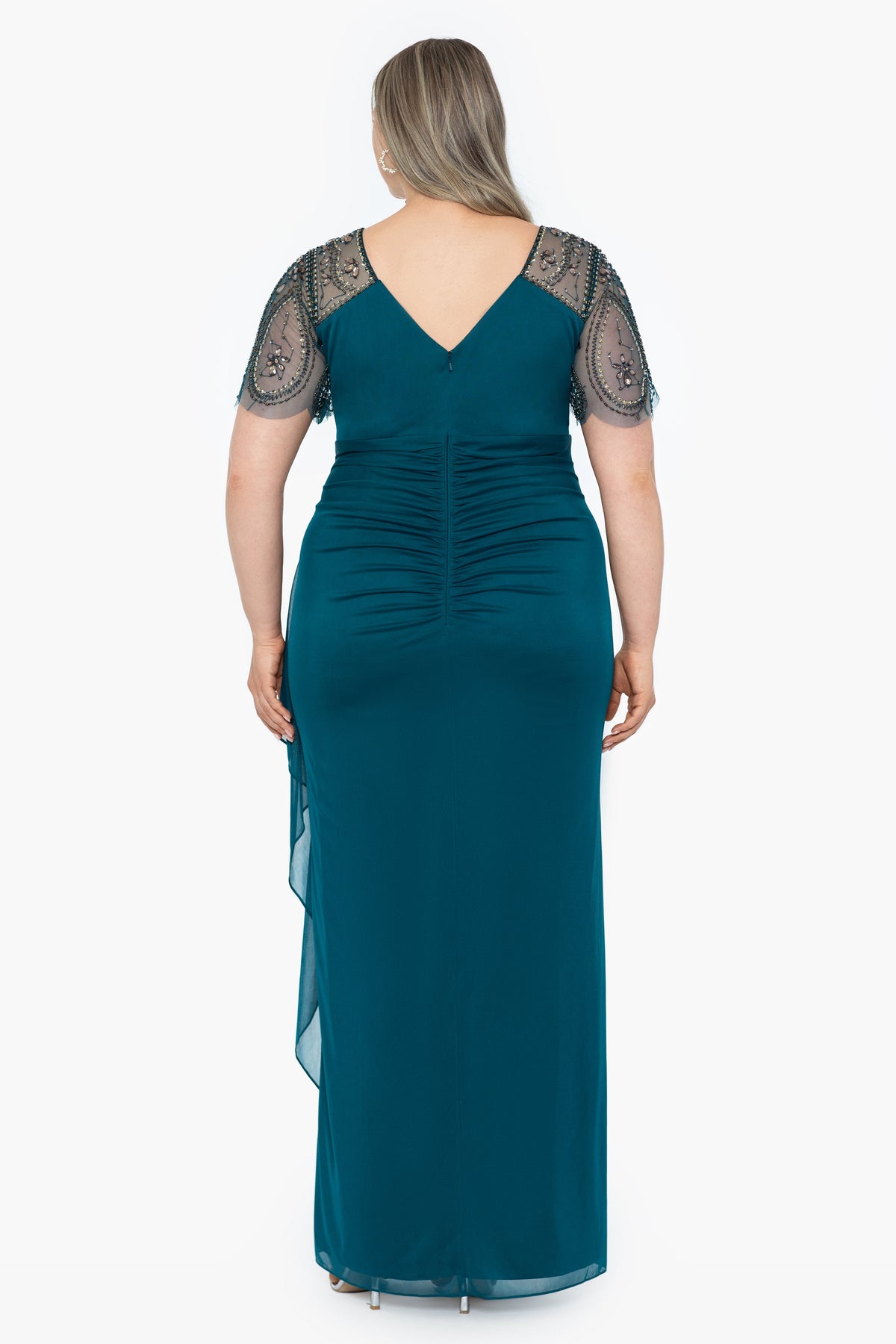 XSCAPE Plus "Lana" Sheer Matte Jersey Beaded Flutter Sleeve Dress