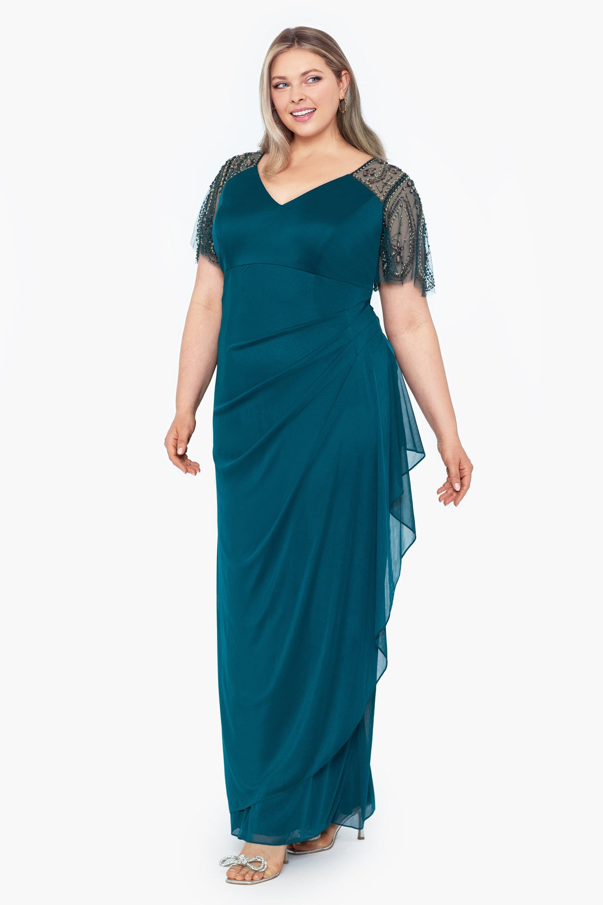 XSCAPE Plus "Lana" Sheer Matte Jersey Beaded Flutter Sleeve Dress