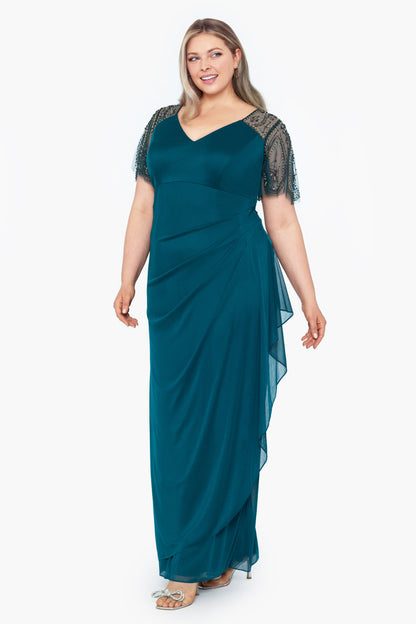 XSCAPE Plus "Lana" Sheer Matte Jersey Beaded Flutter Sleeve Dress