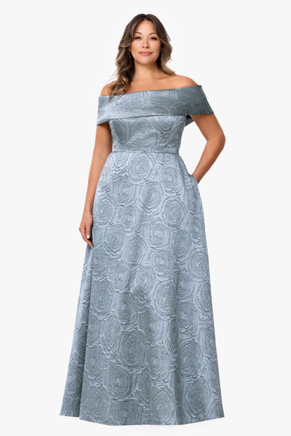 XSCAPE Plus "Gloria" Brocade Off The Shoulder Dress