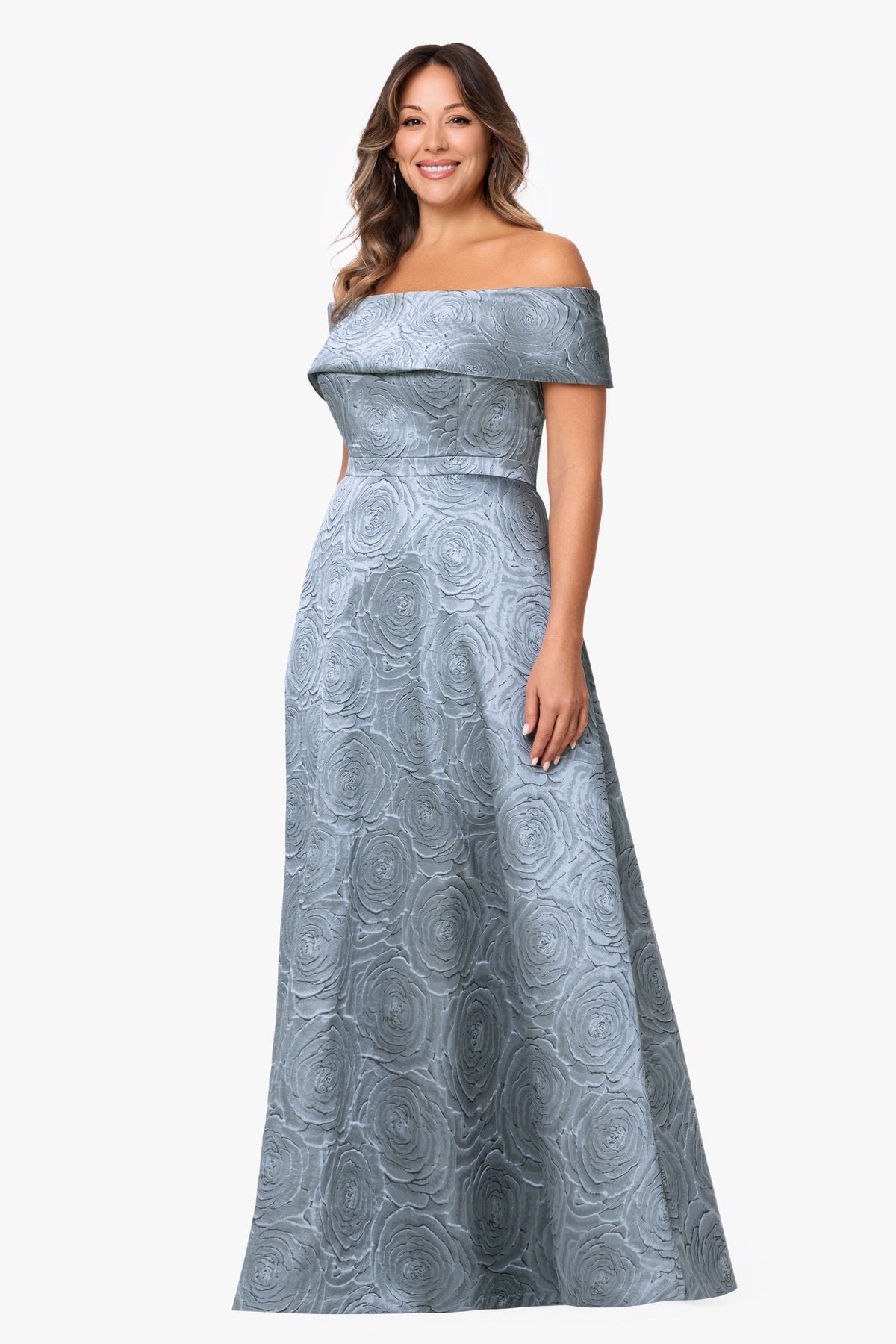 XSCAPE Plus "Gloria" Brocade Off The Shoulder Dress